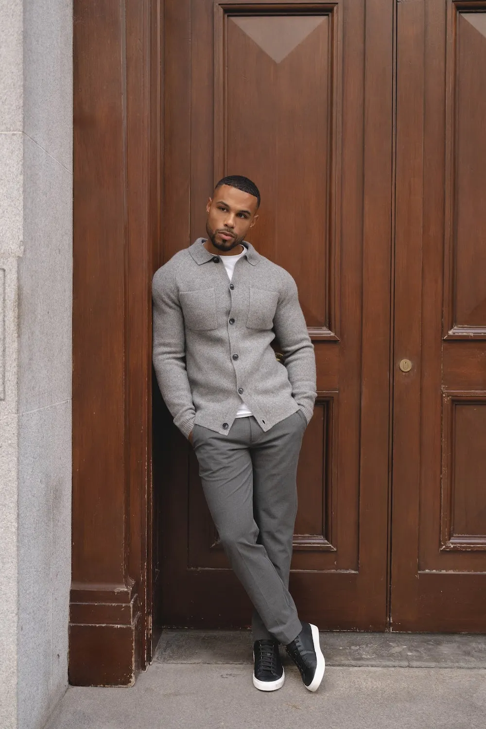 Fashionable Skirt Wool Button Through Cardigan in Mid Grey Marl