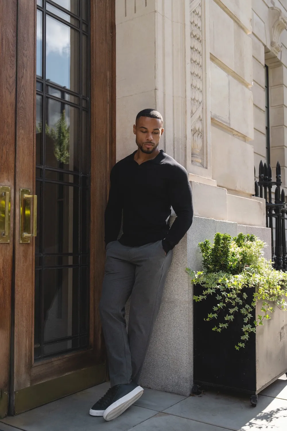 Pure Cotton Knitted Open Collar Polo Shirt in Black Versatile Fit