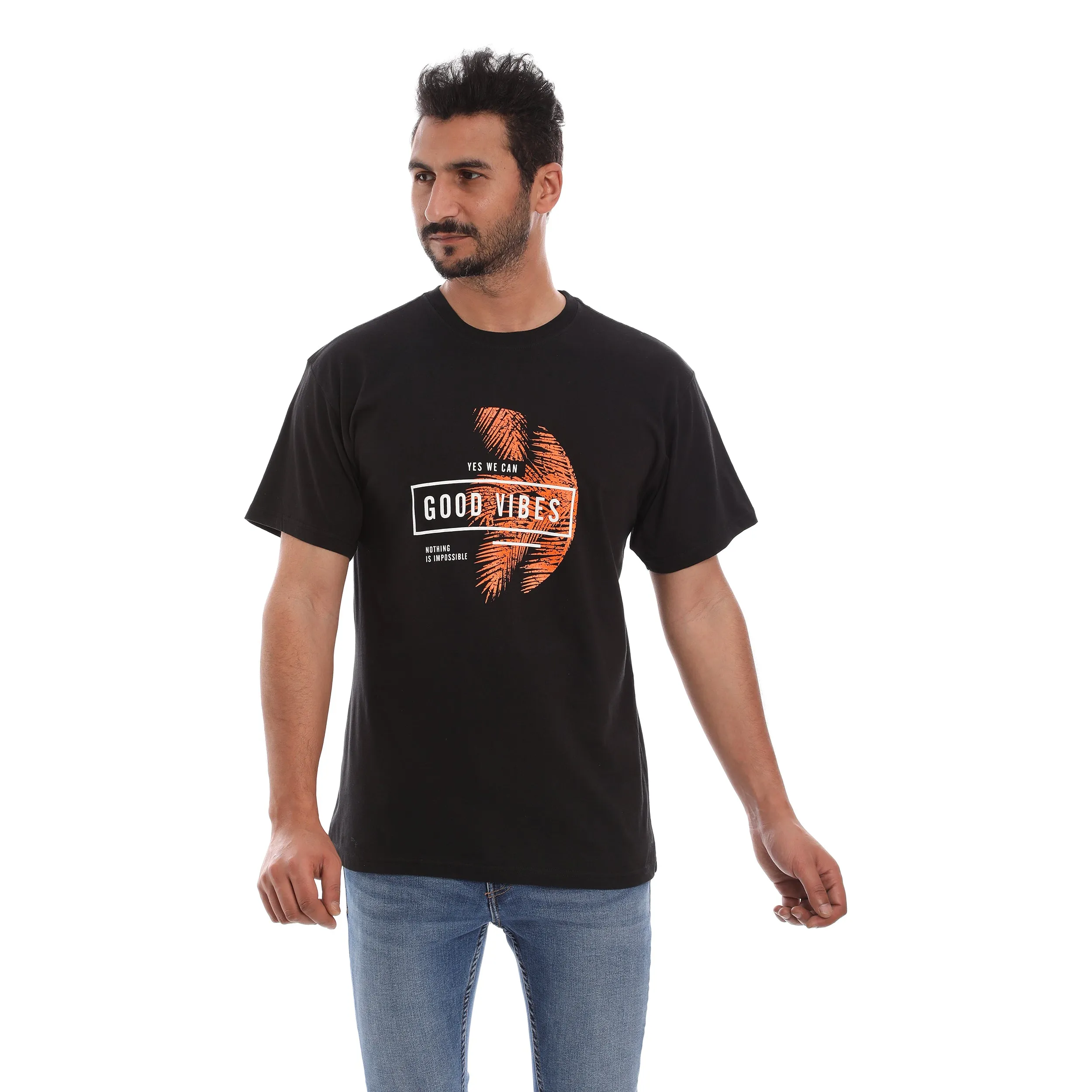 Sublimation Resistant Fabric Fashion Fit GOOD VIBES COTTON RICH BLACK SHORT SLEEVE CREW NECK