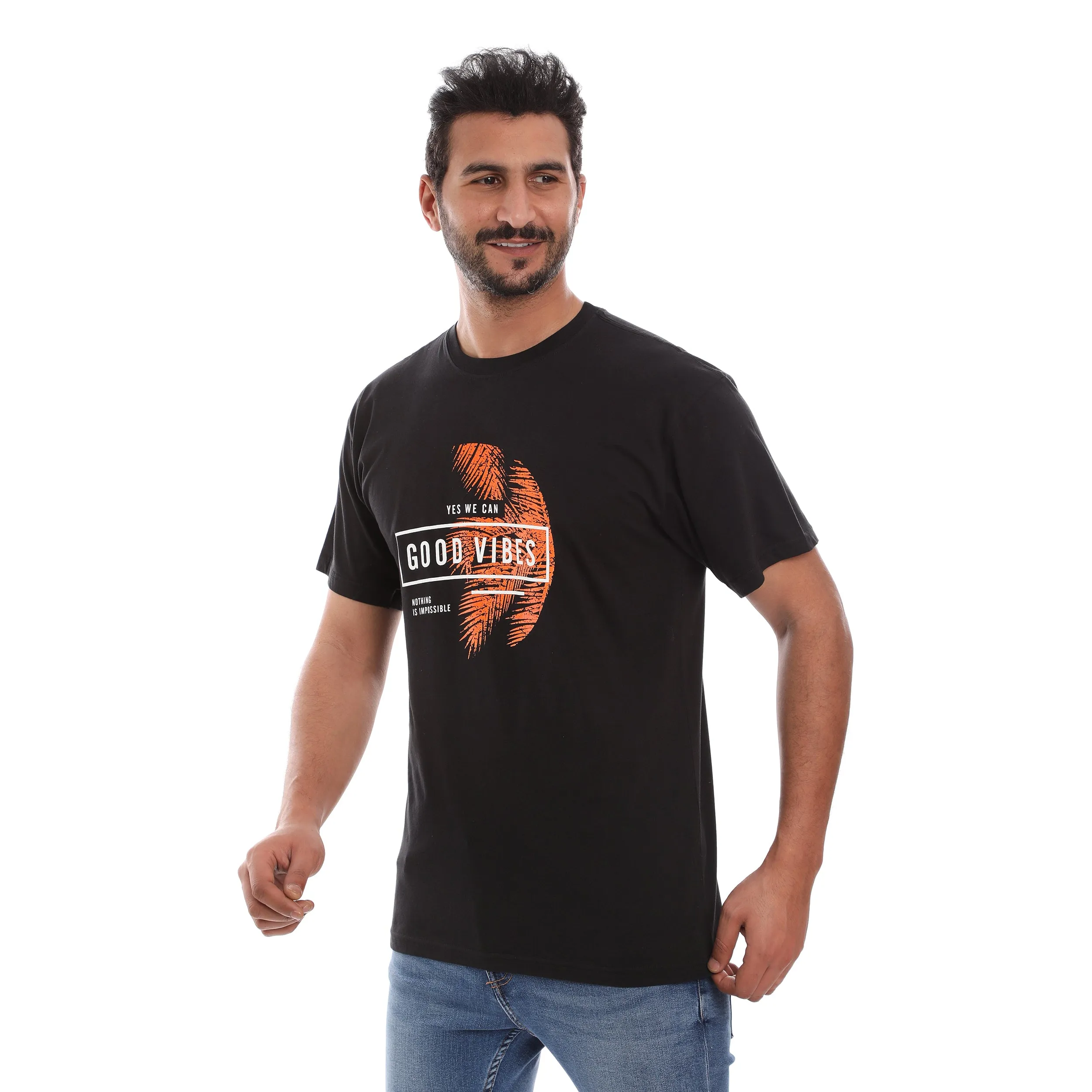 Sporty Style Seasonal Must-Have GOOD VIBES COTTON RICH BLACK SHORT SLEEVE CREW NECK