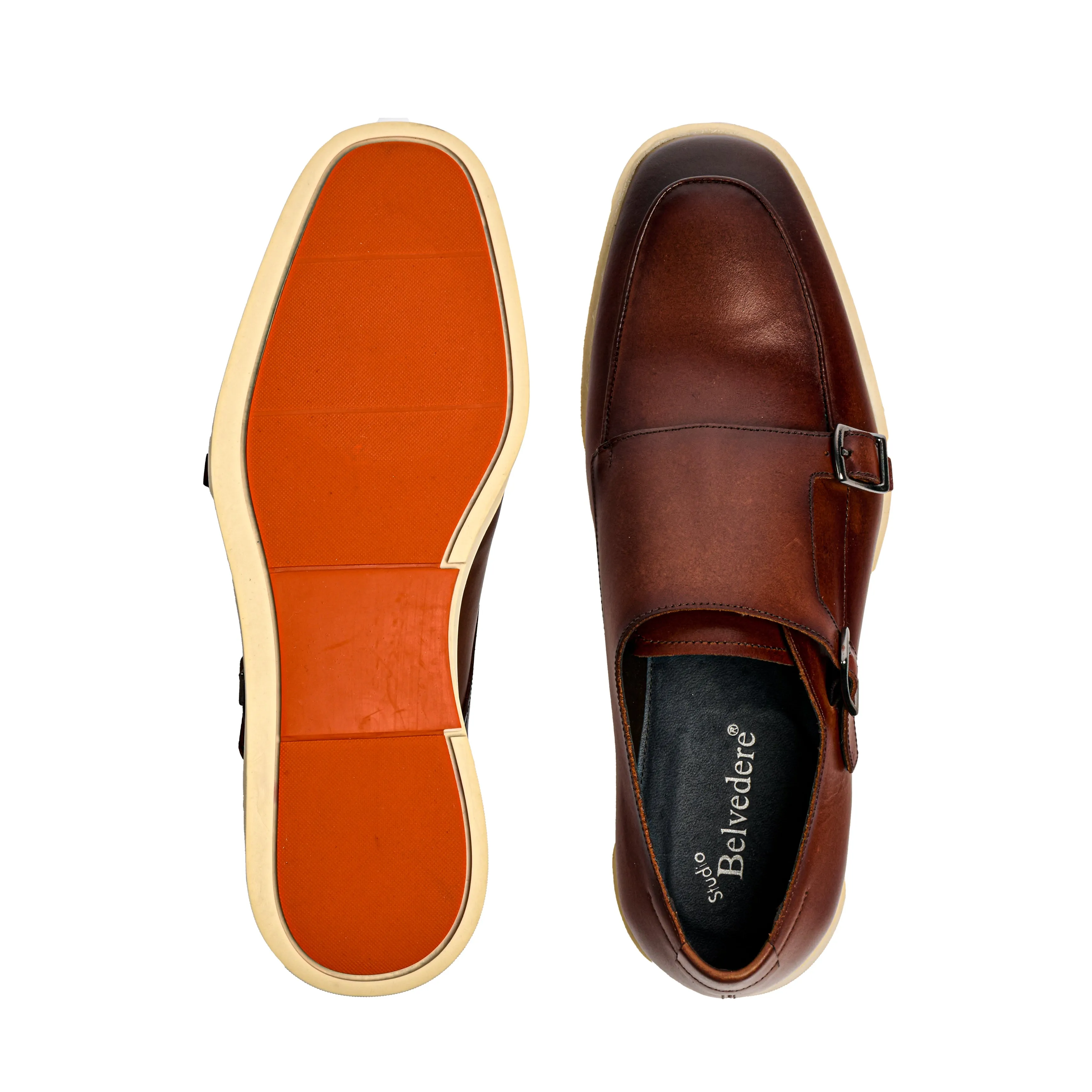 Belvedere Cognac Nappa Zurich Leather Hybrid Double Monk Strap Shoes Orthotic Ready Footbed