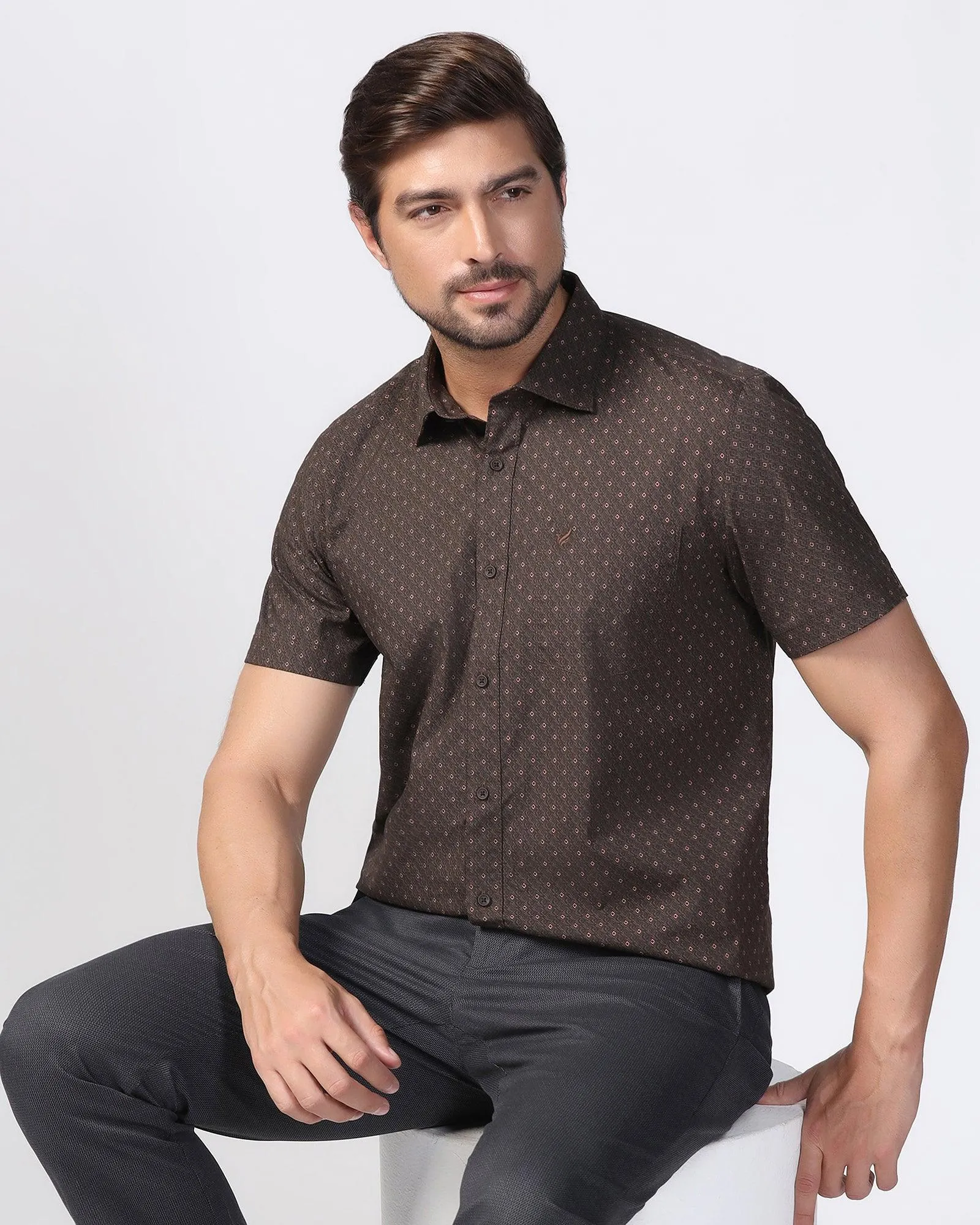 Casual Half Sleeve Brown Printed Shirt - Arwen Laser Cut Edge Detail Trendy Fashion
