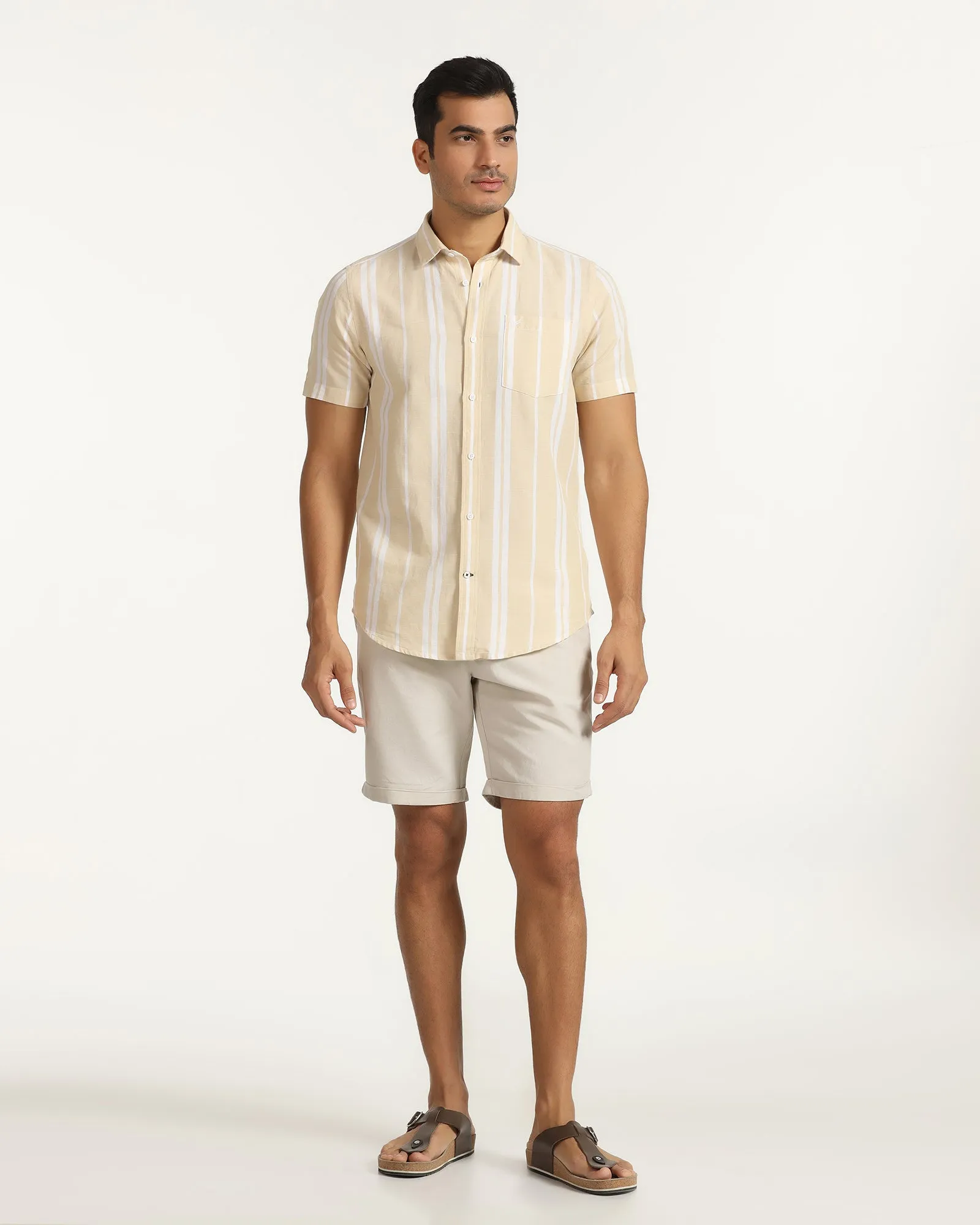 Linen Casual Beige Solid Shorts - Kat Double Stitched Seams