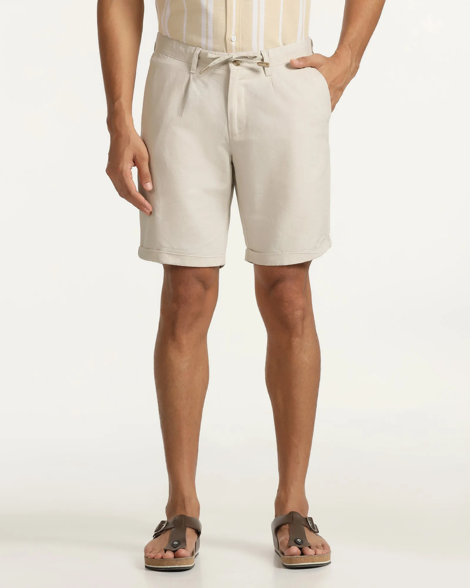 warm weather Linen Casual Beige Solid Shorts - Kat