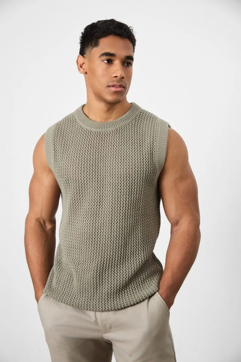 Crochet Knitted Tank Top in Soft Sage GarmentDyedTexture
