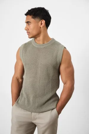 Crochet Knitted Tank Top in Soft Sage Chic and Cozy Wear Reinforced Collar