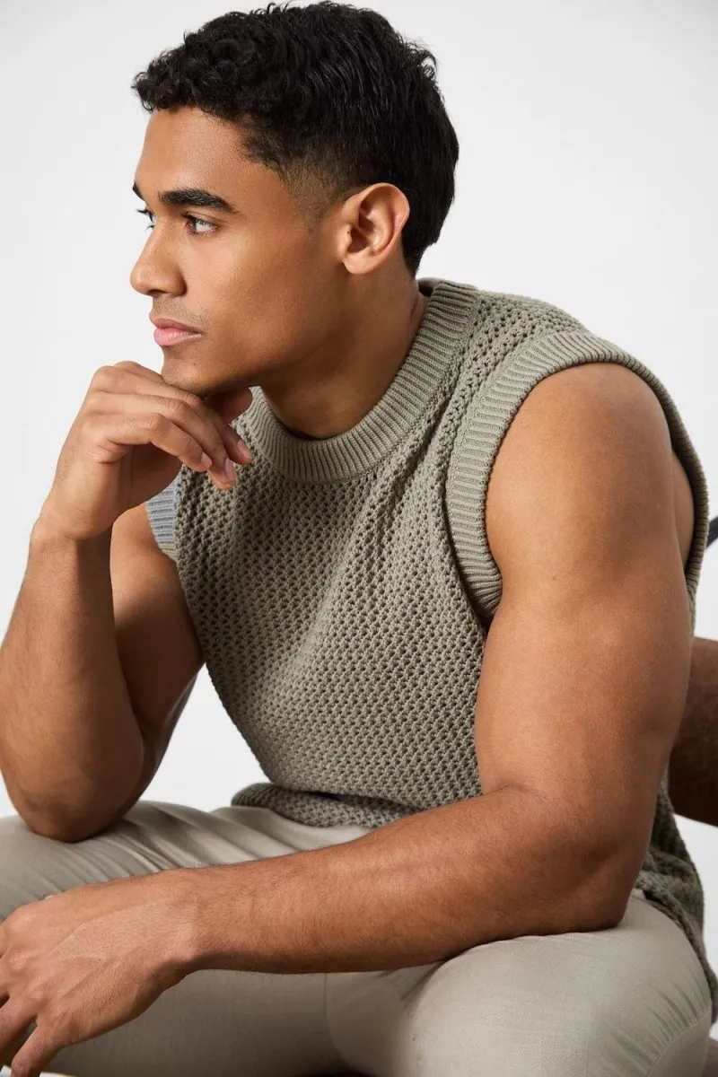 Crochet Knitted Tank Top in Soft Sage Layering Comfort Casual Essentials