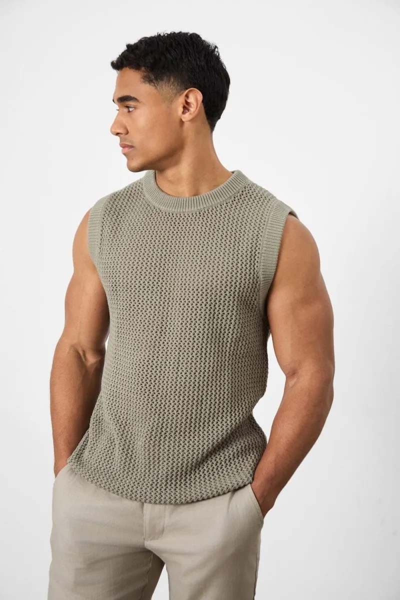 Crochet Knitted Tank Top in Soft Sage Chic and Cozy Wear Reinforced Collar