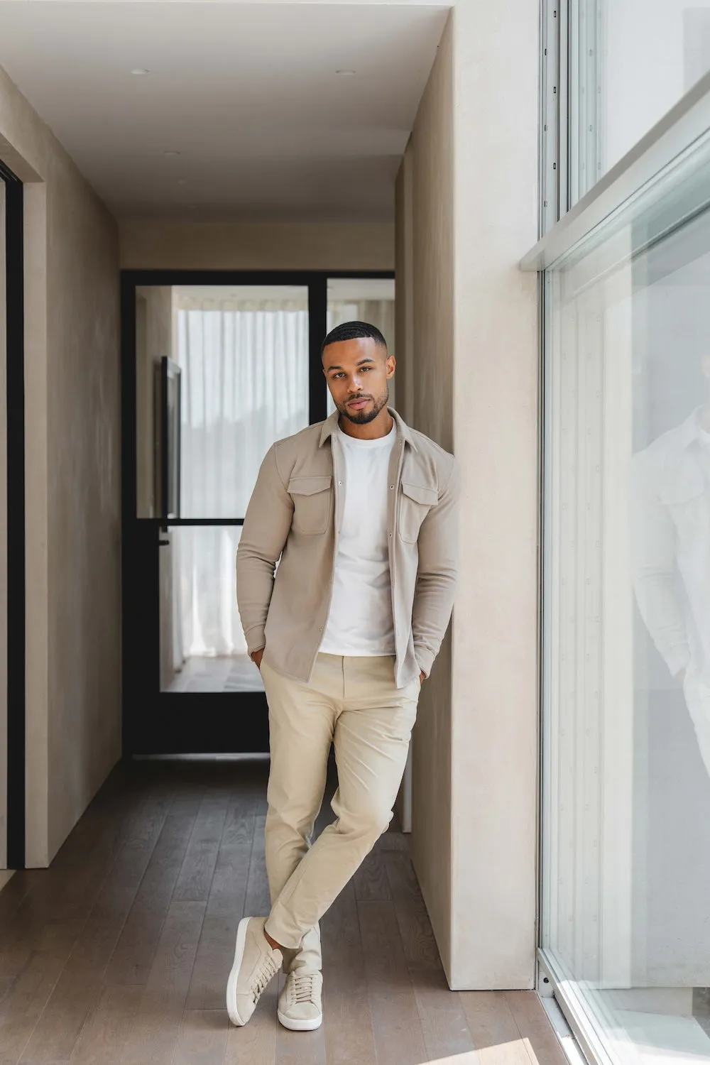 Soft Brushed Overshirt in Stone Embroidered Logo