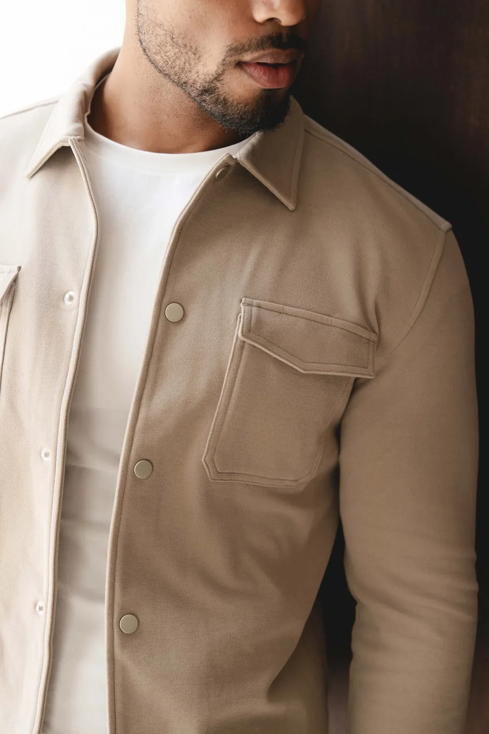 Roomy Cut Perfect Fit Soft Brushed Overshirt in Stone