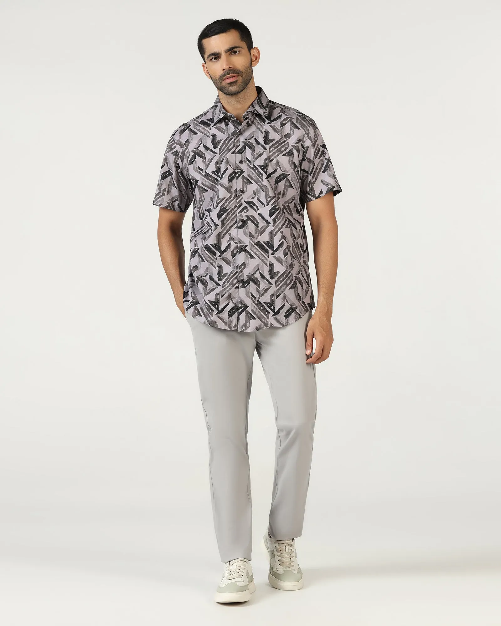 Spring Collection wrinkle free Grey Half Sleeve Printed Shirt - Volmer