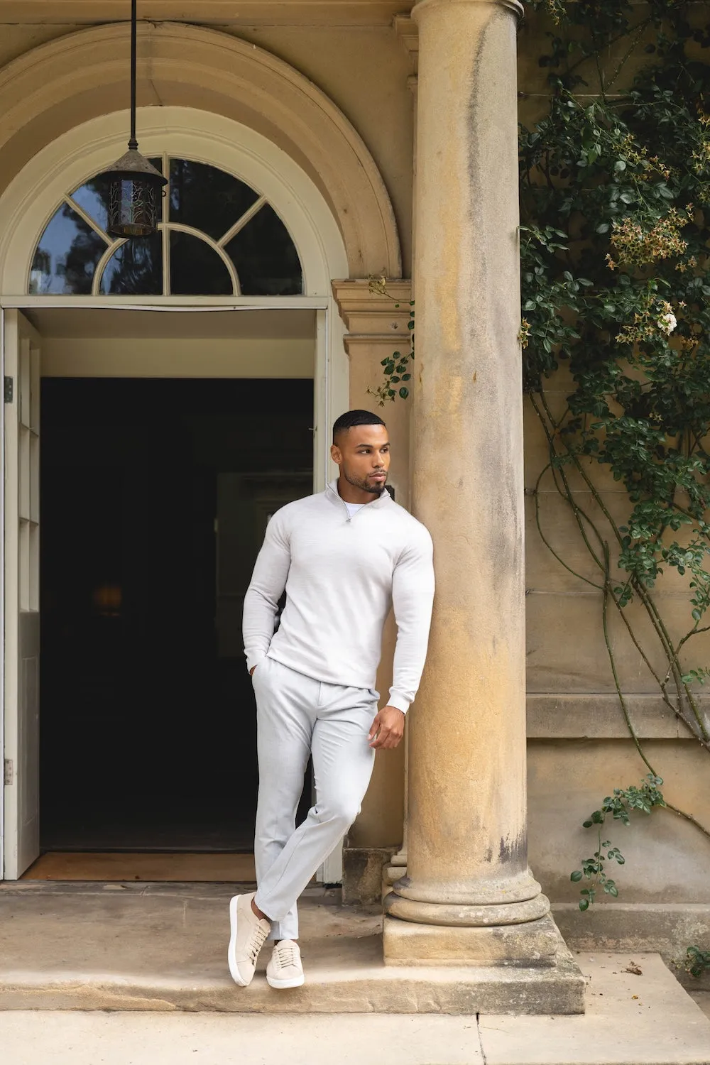 Extra Fine Merino Wool Half Zip Neck Sweater in Silver Grey Marl Epic Glow