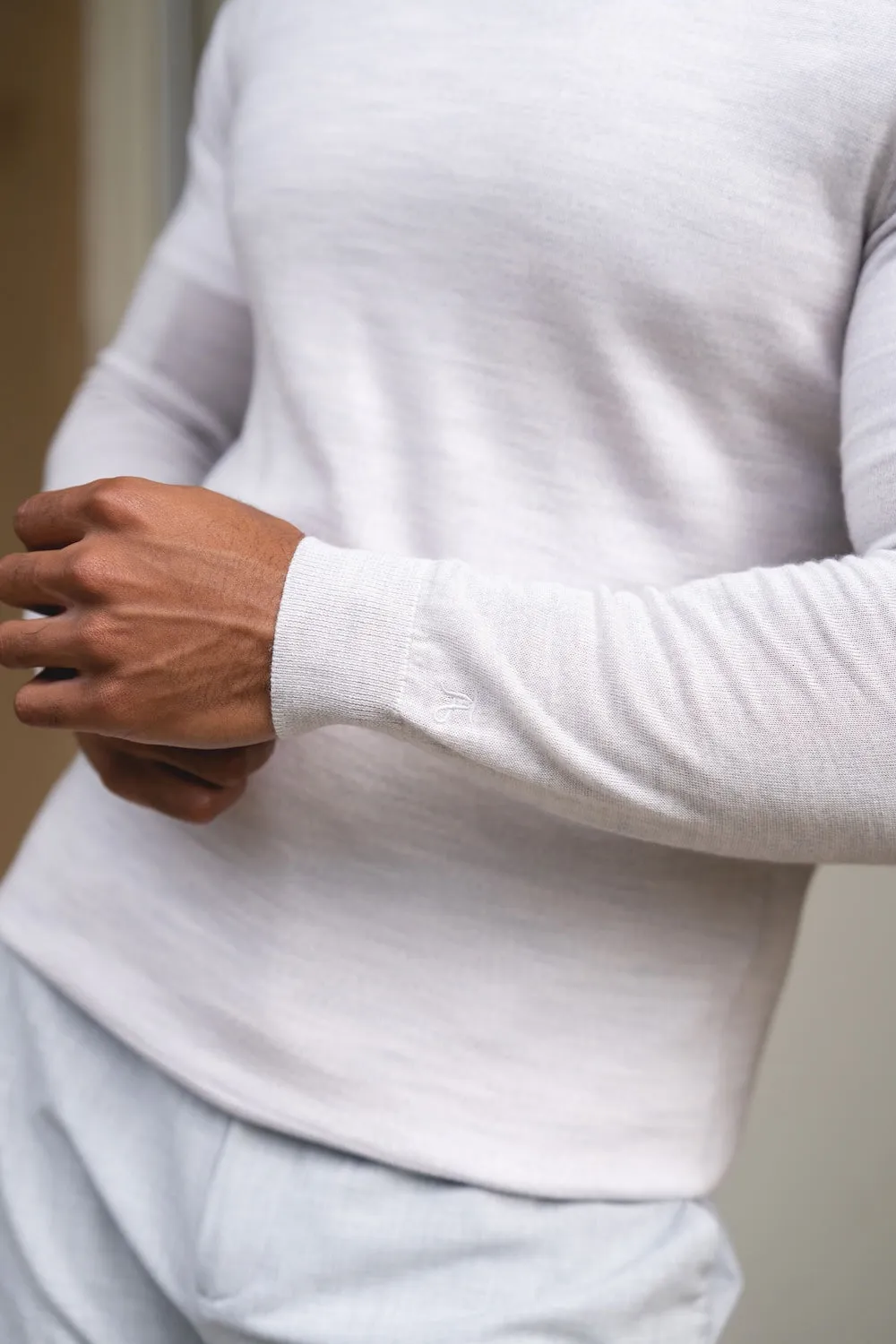 Extra Fine Merino Wool Half Zip Neck Sweater in Silver Grey Marl Cold Weather Outfit