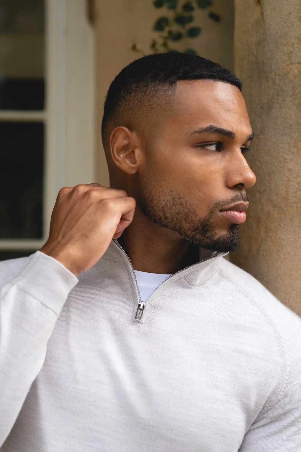 Royal Charm Handmade Fit Extra Fine Merino Wool Half Zip Neck Sweater in Silver Grey Marl