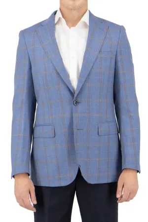 Tiglio Luxe Sky Blue with Gold and Brown Windowpane Dolcetto Modern Fit, Pure Wool Jacket TL4253 Wrinkle Free Fabric