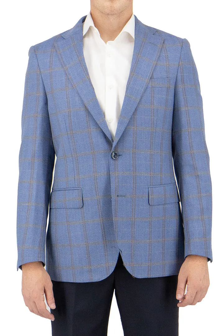 Tiglio Luxe Sky Blue with Gold and Brown Windowpane Dolcetto Modern Fit, Pure Wool Jacket TL4253 Silicone Grip Trim waterproof construction