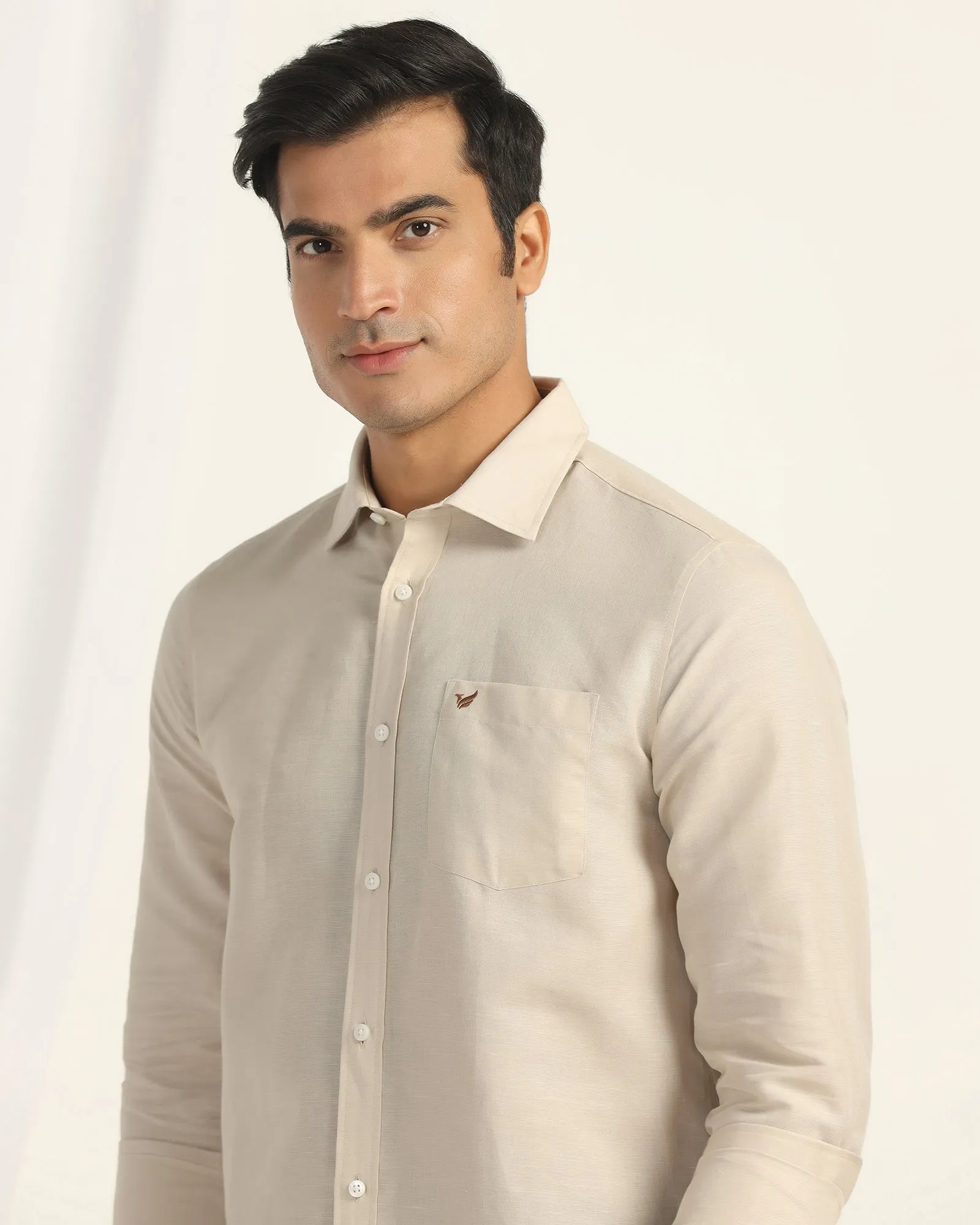 Linen Casual Natural Solid Shirt - Salmon Denim Blend