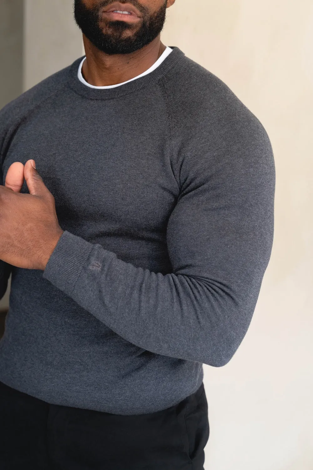 Stylish Hat Cozy Wrap Pure Cotton Knitted Crew Neck Sweater in Dark Charcoal Marl