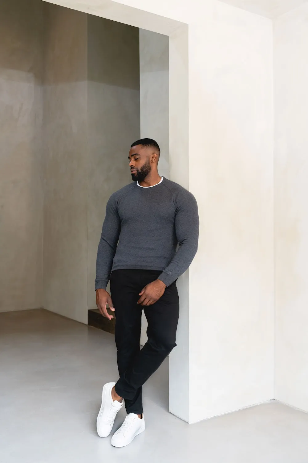 Pure Cotton Knitted Crew Neck Sweater in Dark Charcoal Marl Soft Touch