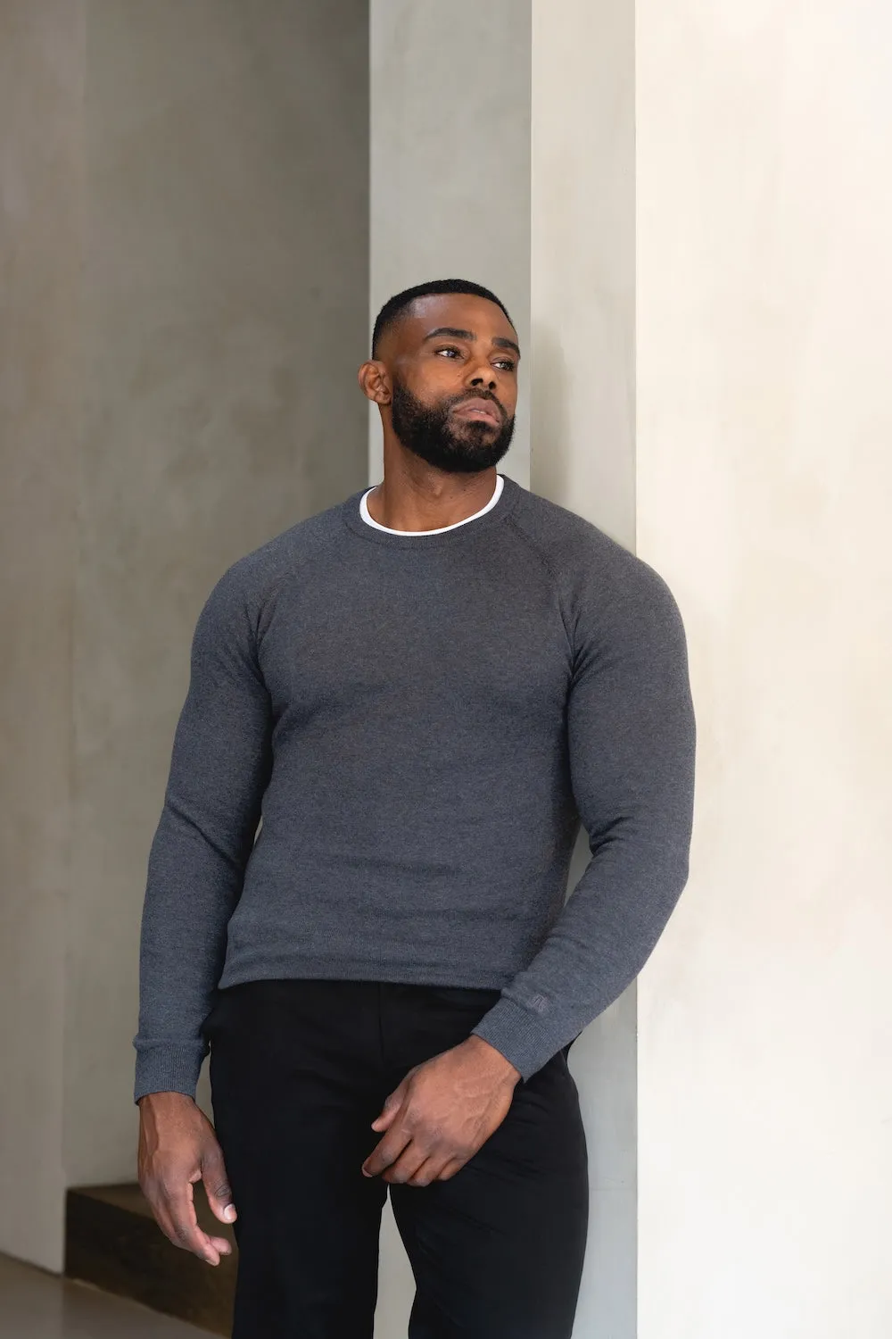 Outdoor Shirt Pure Cotton Knitted Crew Neck Sweater in Dark Charcoal Marl