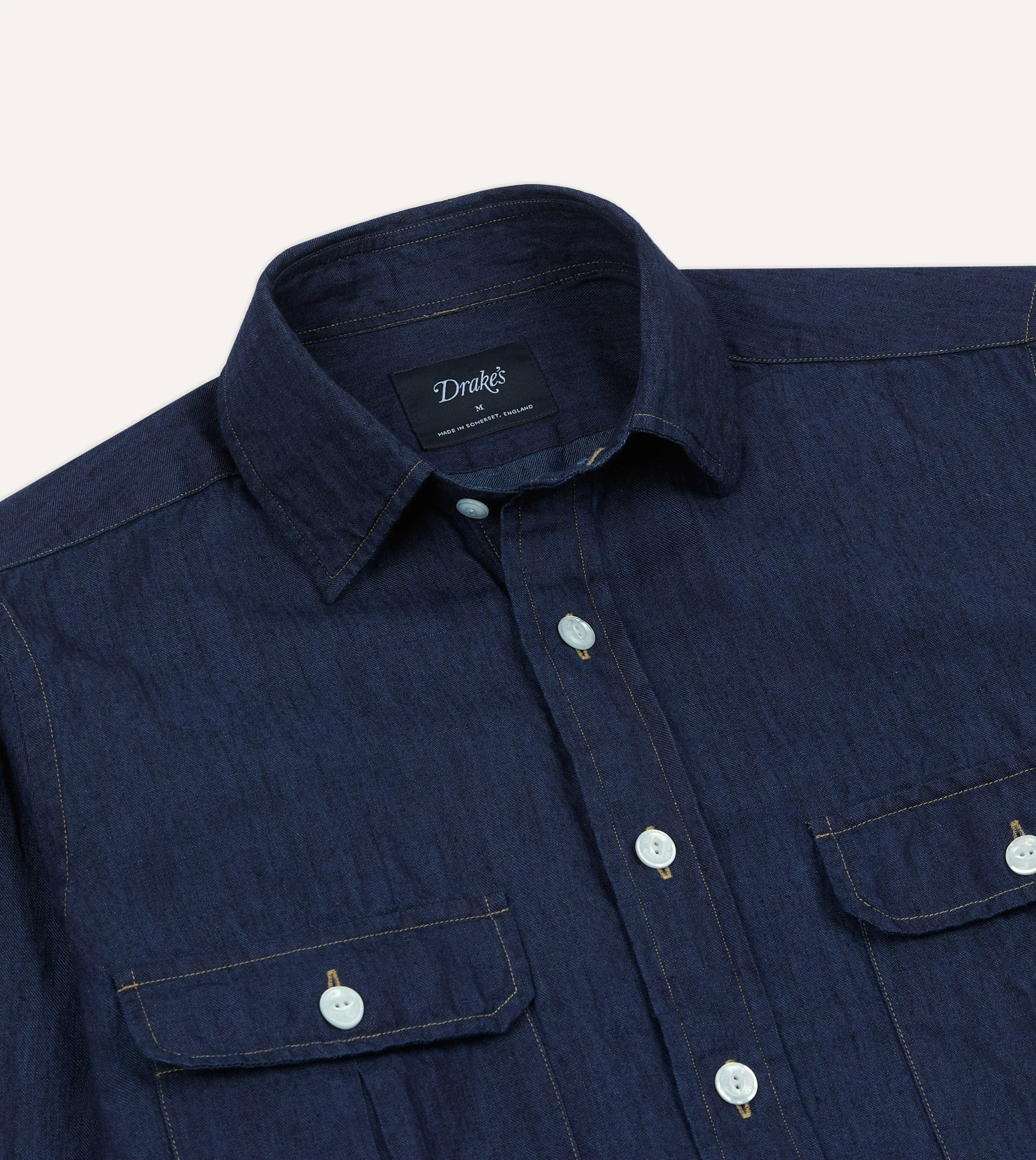Navy Cotton Linen Two-Pocket Work Shirt Multi Layer Stitching Corporate Event