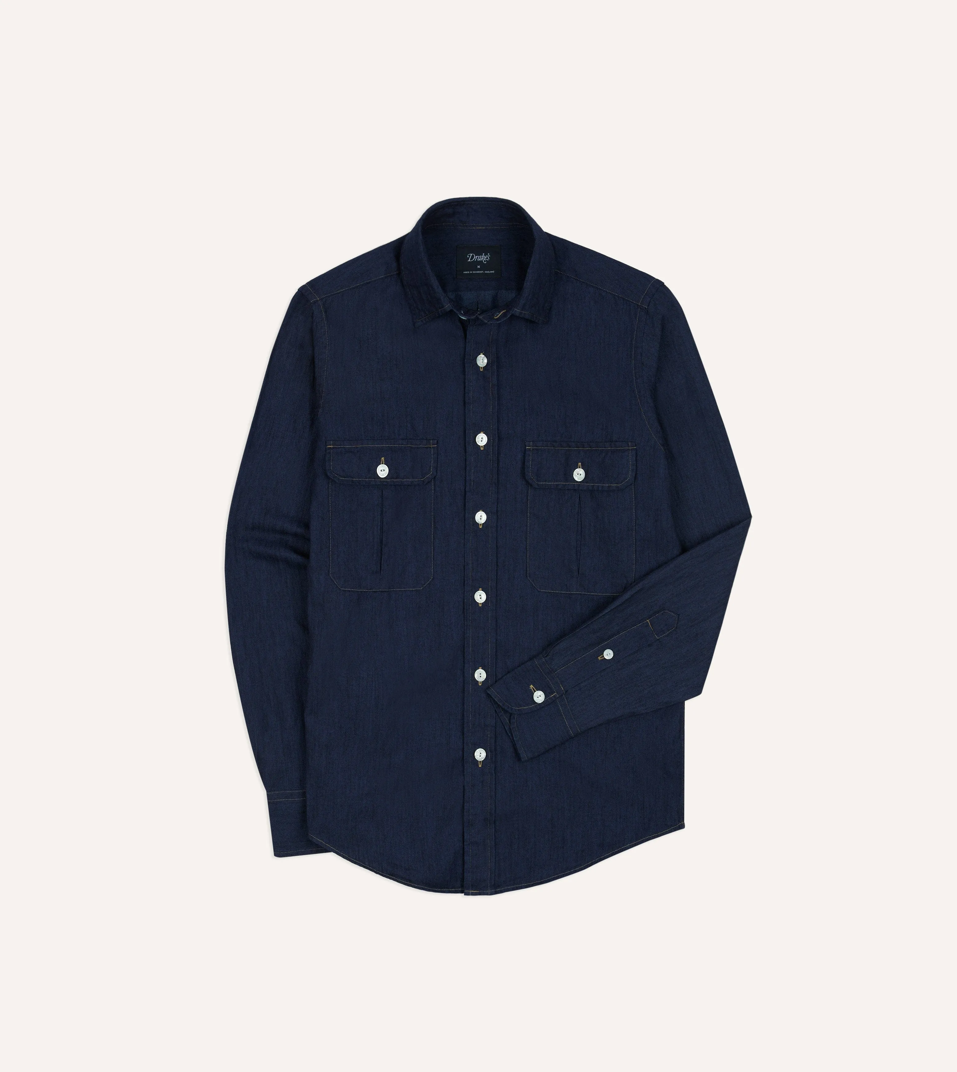 Pullover Design Anti Pill Technology Navy Cotton Linen Two-Pocket Work Shirt