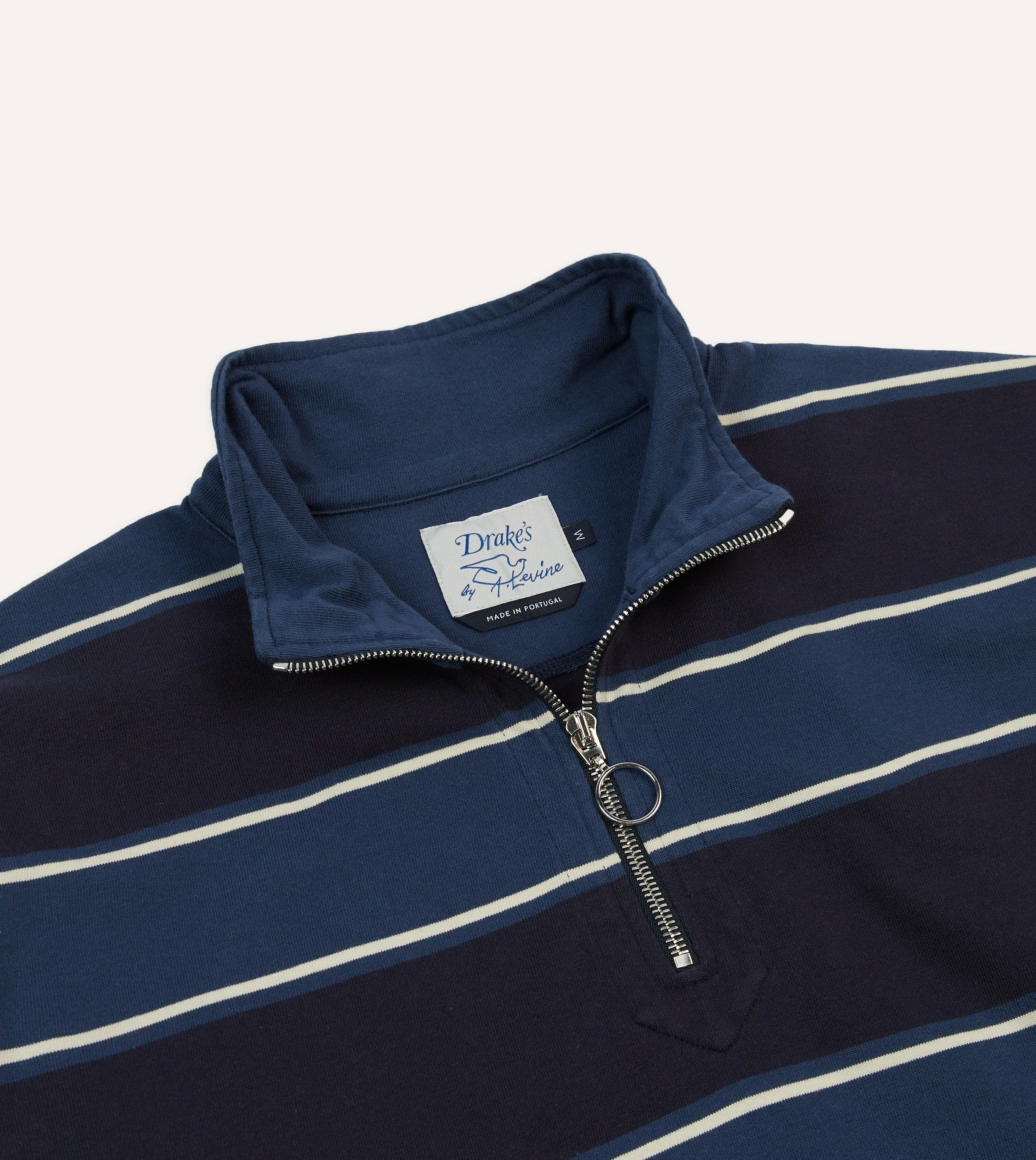 ethical fashion Tagless Design Drake's by A. Levine Navy Stripe Cotton Quarter Zip Rugby Shirt