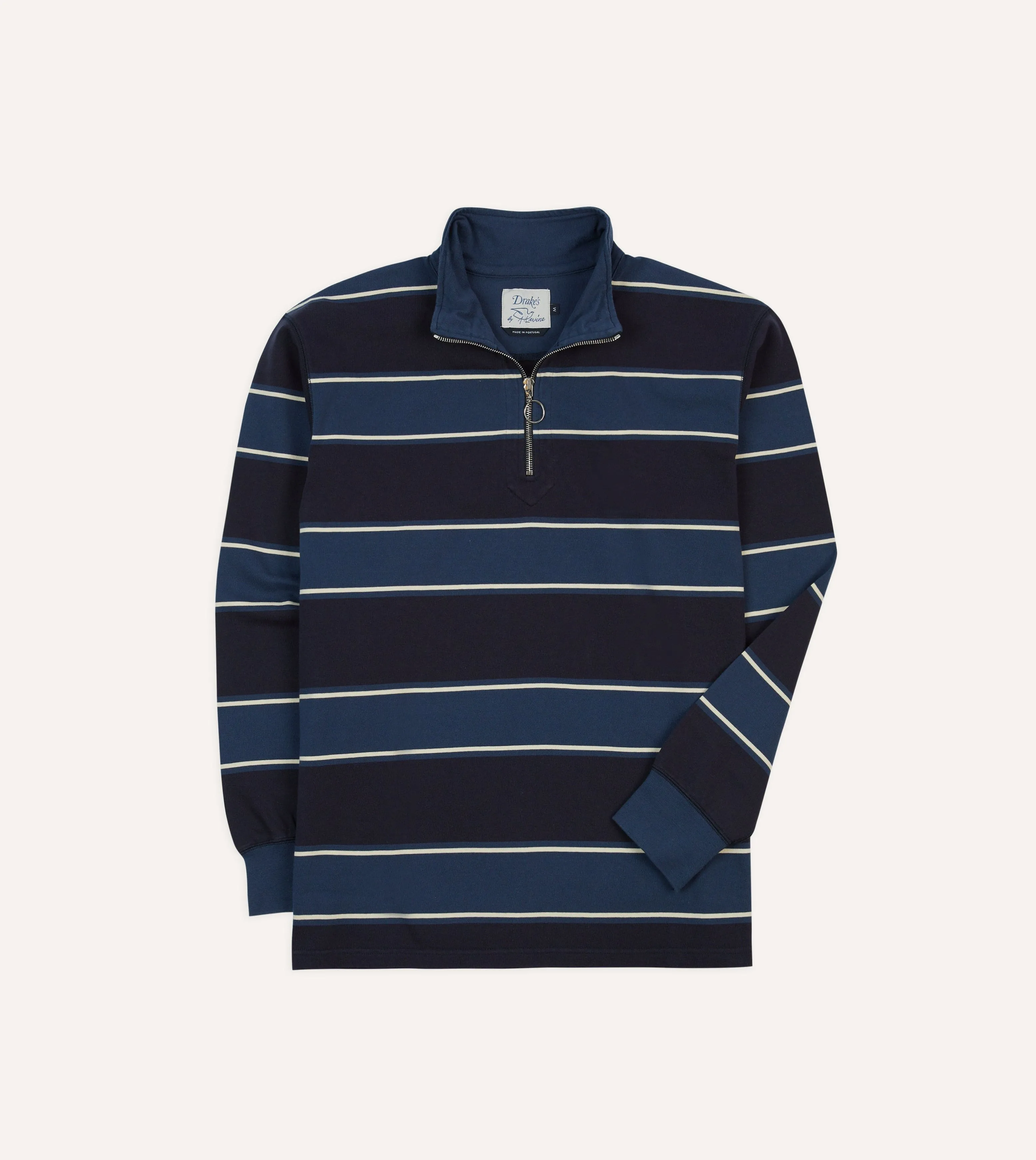 High-Quality Material Non-Iron Drake's by A. Levine Navy Stripe Cotton Quarter Zip Rugby Shirt