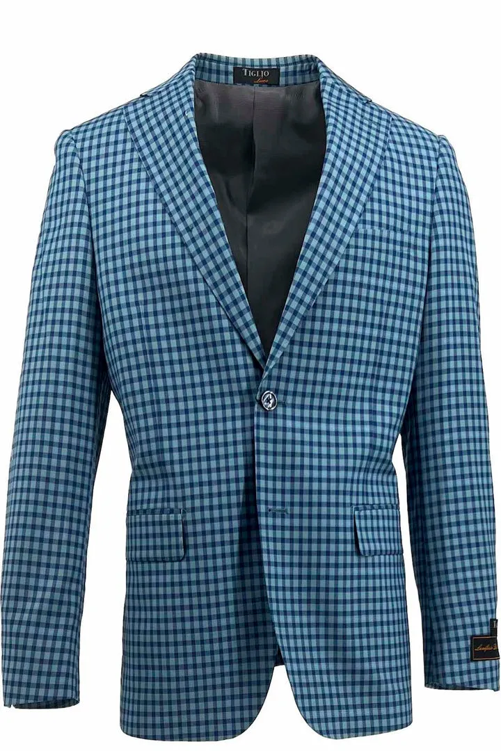 Tiglio Luxe Cerulean and Navy Check Dolcetto Modern Fit, Pure Wool Jacket TL2615 Soft Shell Waterproof Design