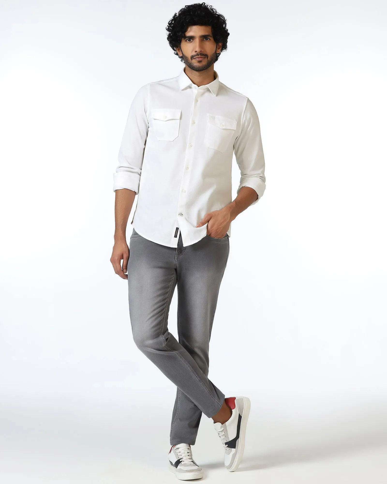 V-neck style White Solid Shirt - Diaz