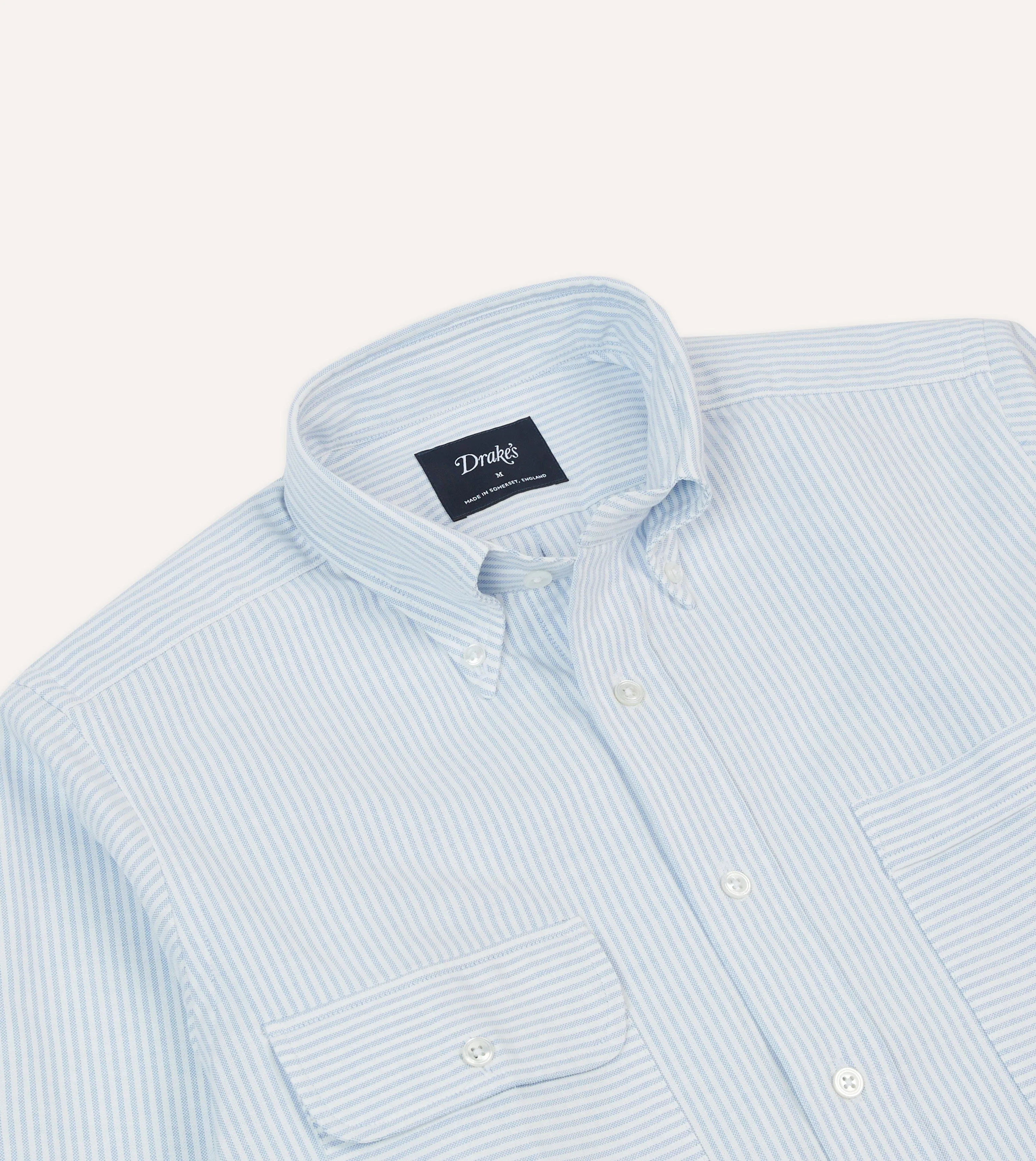 Wrinkle Resistant Finish Smooth Texture Blue Ticking Stripe Oxford Cloth Button-Down Work Shirt