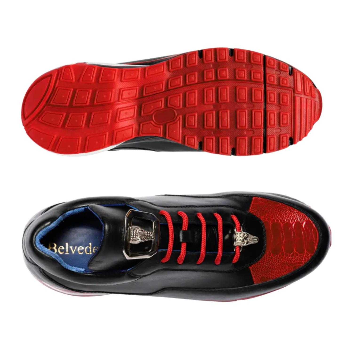 Belvedere Genuine Ostrich & Soft Italian Calf Leather Flash Shoes in Black & Red Zip Design Plain look