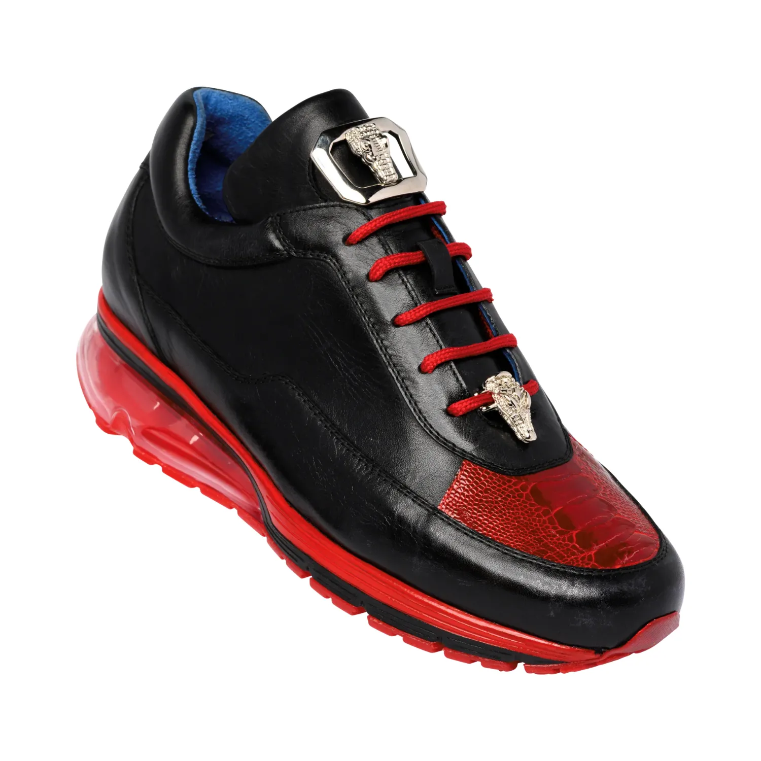 Slim Silhouette Layered Cushion Belvedere Genuine Ostrich & Soft Italian Calf Leather Flash Shoes in Black & Red