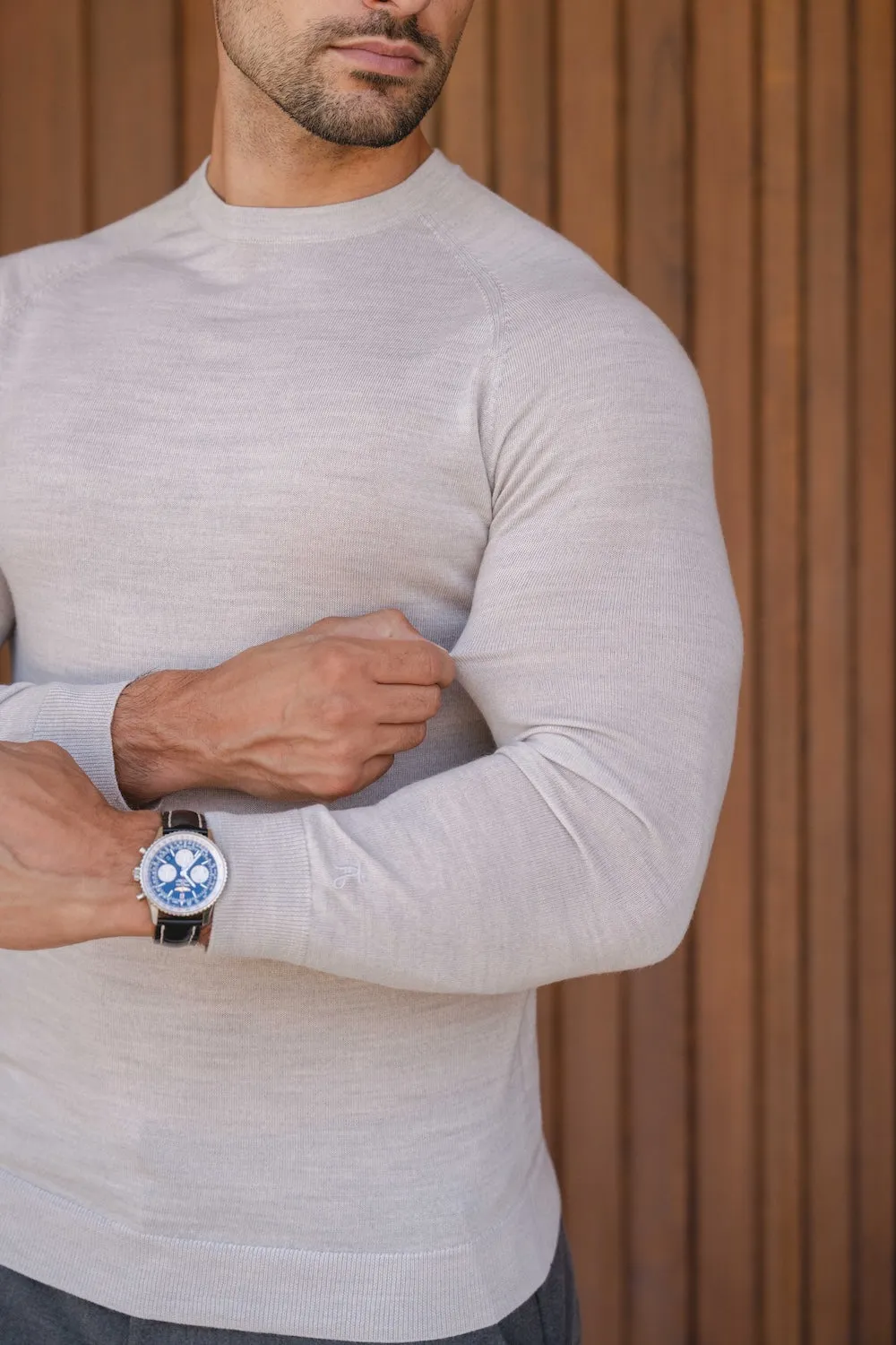 Extra Fine Merino Wool Crew Neck Sweater in Silver Grey Marl PreShrunk Cotton AntimicrobialTreatment