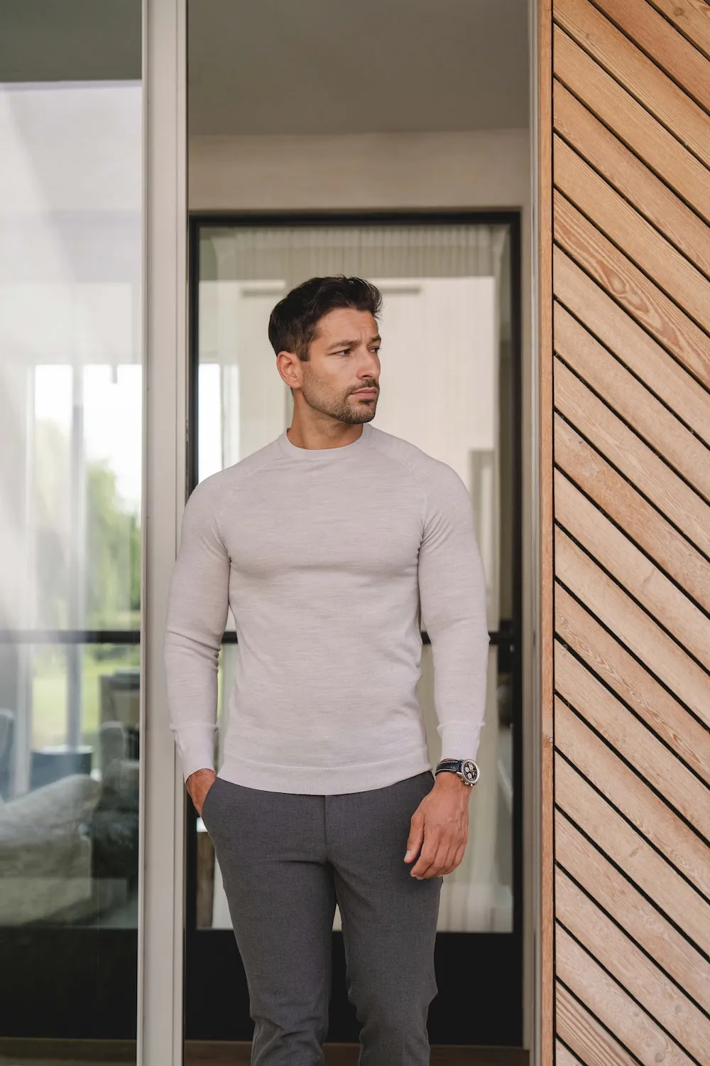 EcoFriendly Material StretchComfort Extra Fine Merino Wool Crew Neck Sweater in Silver Grey Marl