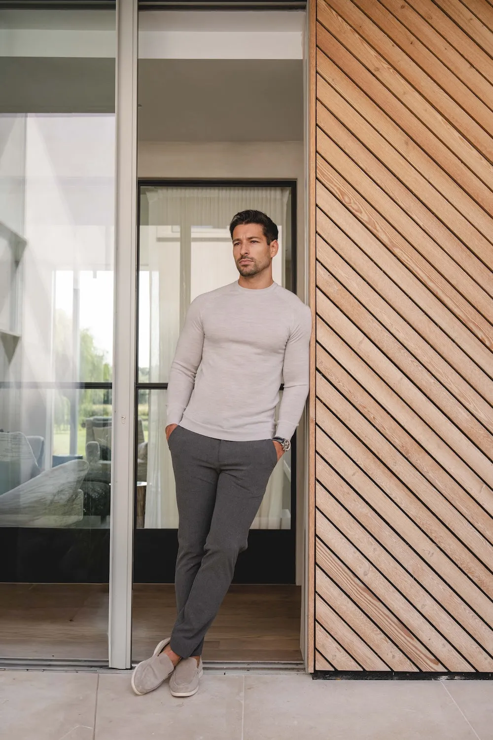 Extra Fine Merino Wool Crew Neck Sweater in Silver Grey Marl Global Glow