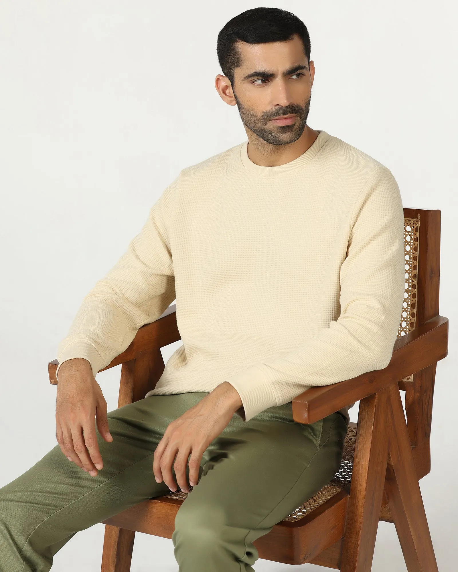 Summer Skirt Thin Core Beige Crew Neck Textured Sweatshirt - Pan