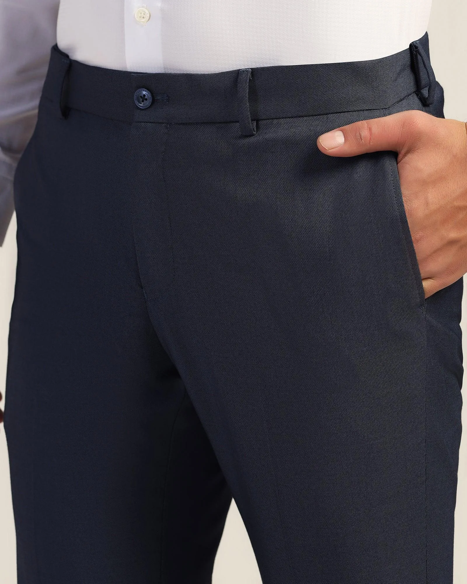 Elastic Free Cuffs Low Profile Fasteners Slim Comfort B-95 Formal Navy Textured Trouser - Mazda