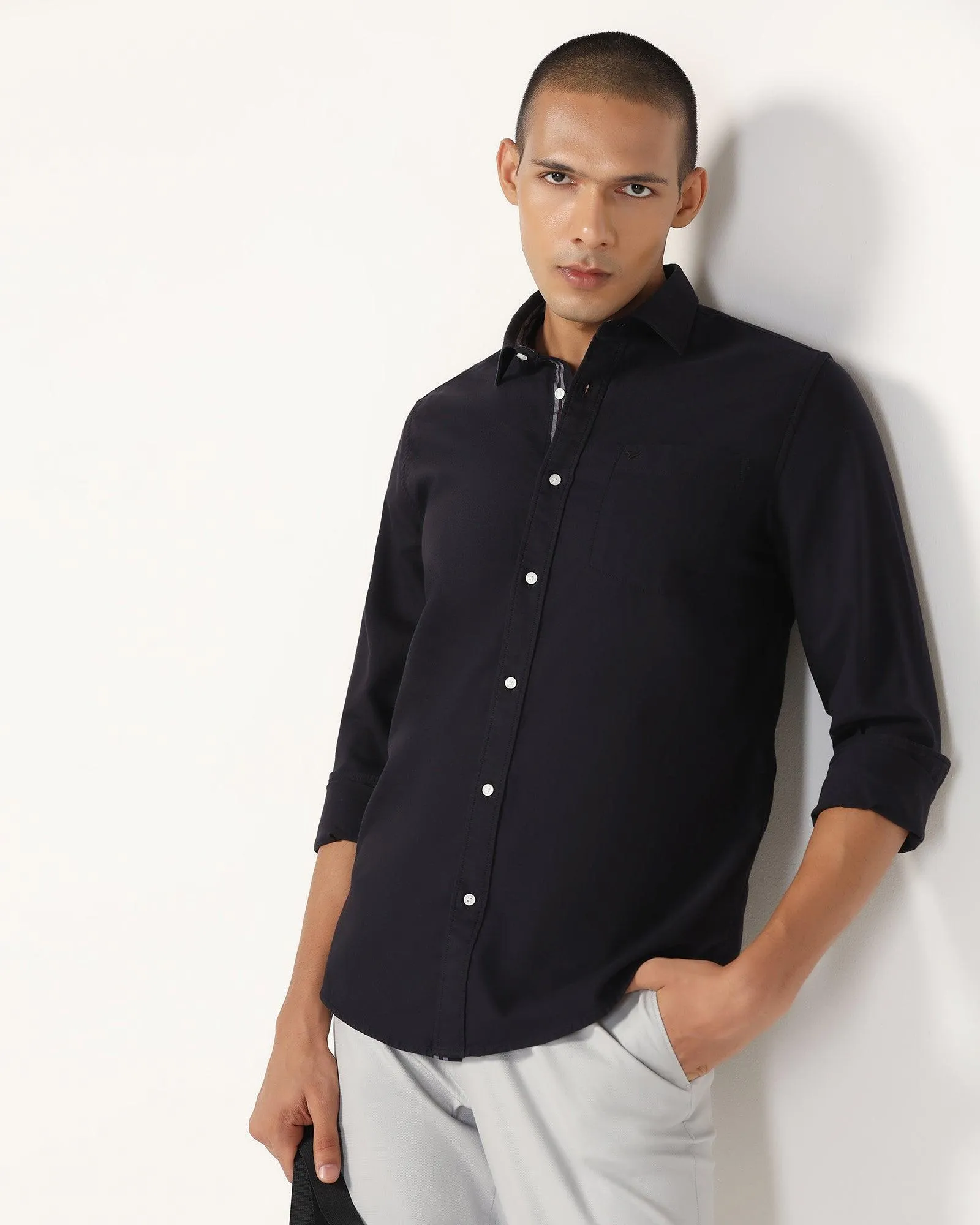 Casual Navy Solid Shirt - Solly Sustainable Material Chambray Fabric