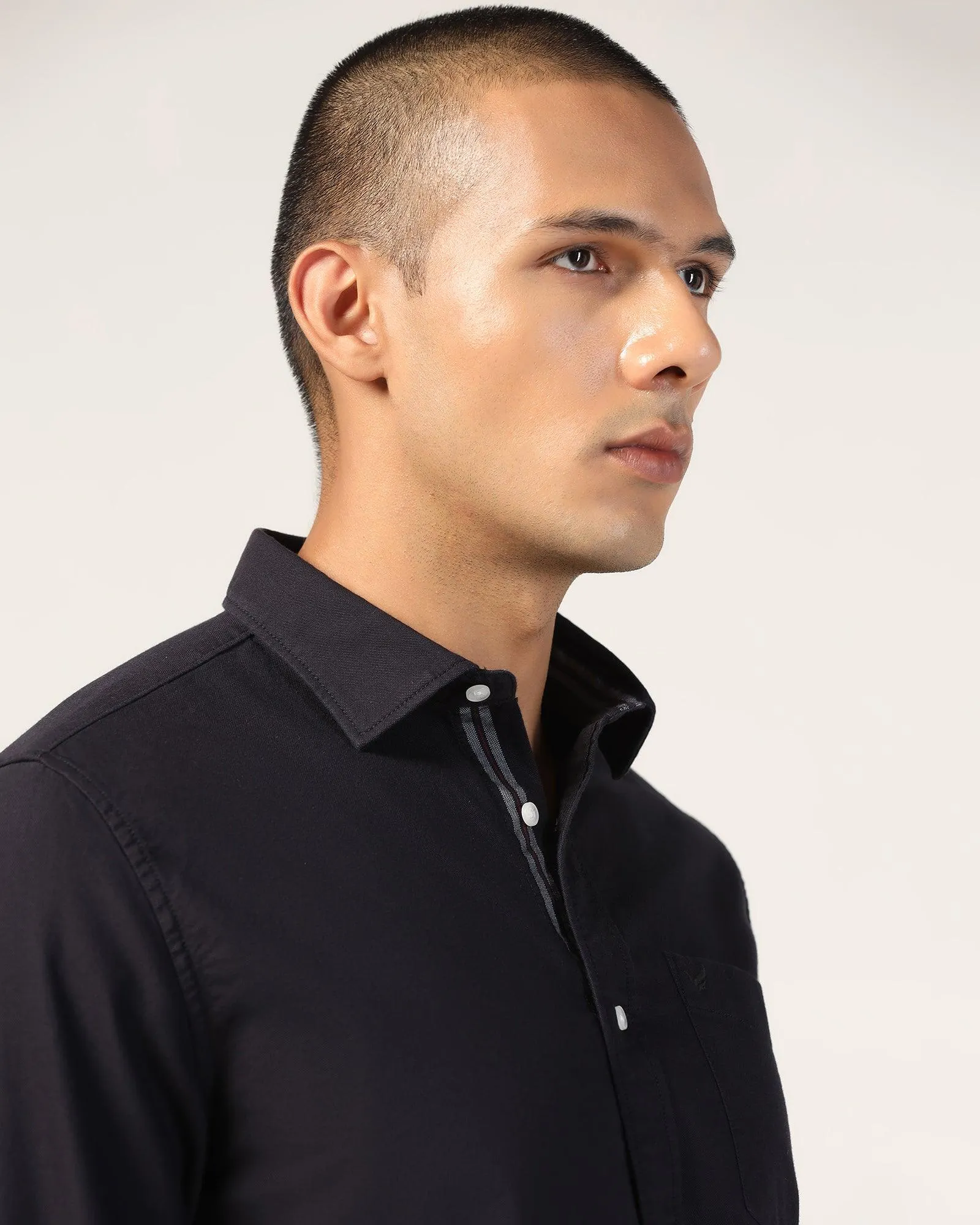Patterned Design Short Sleeve Casual Navy Solid Shirt - Solly