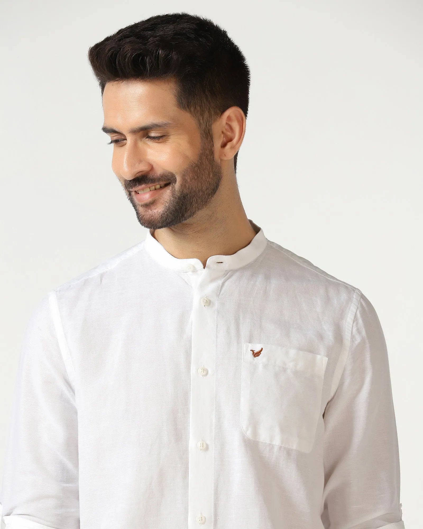Evening Elegance White Linen Solid Shirt - Salmon