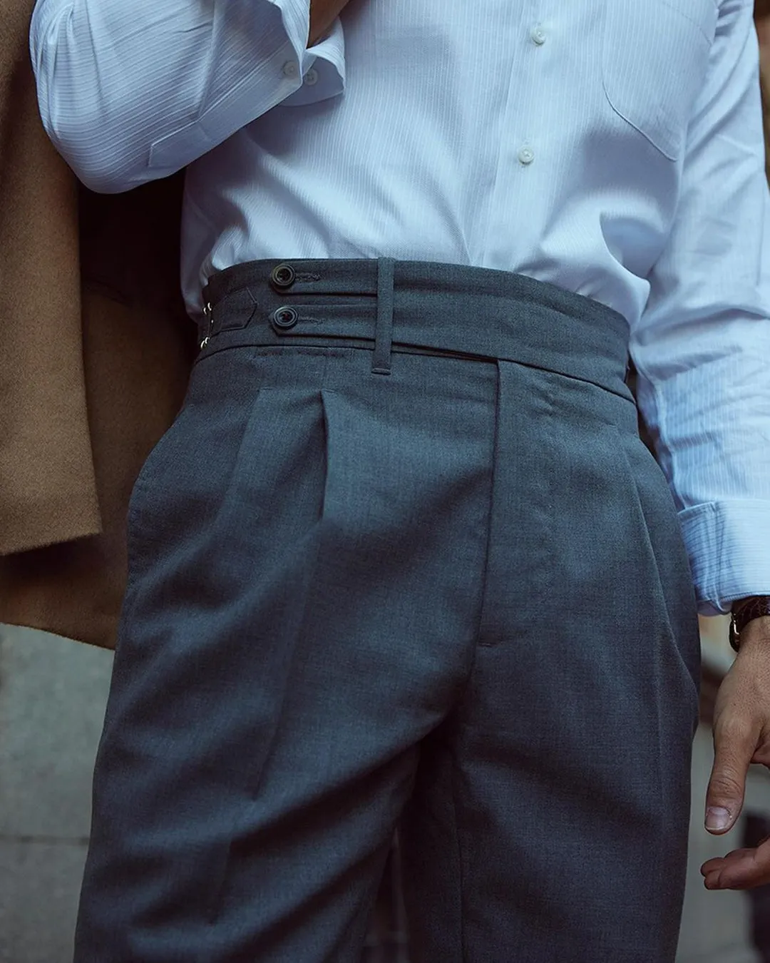 Dugdale New Fine Worsted - Grey High Rise Double Tab Pant Core Fit Trendy Fit