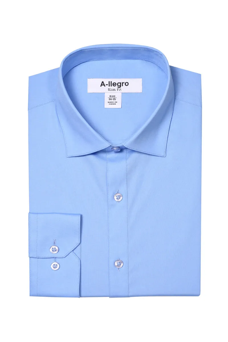 Anti Pill Treatment Men's Basic Slim Fit Dress Shirt in Blue - Full Button Up with Standard Collar