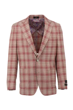 Tiglio Luxe Red and Tan Windowpane Dolcetto/THP Modern Fit half lined, Pure Wool Jacket TL4257 ConvertibleCollar