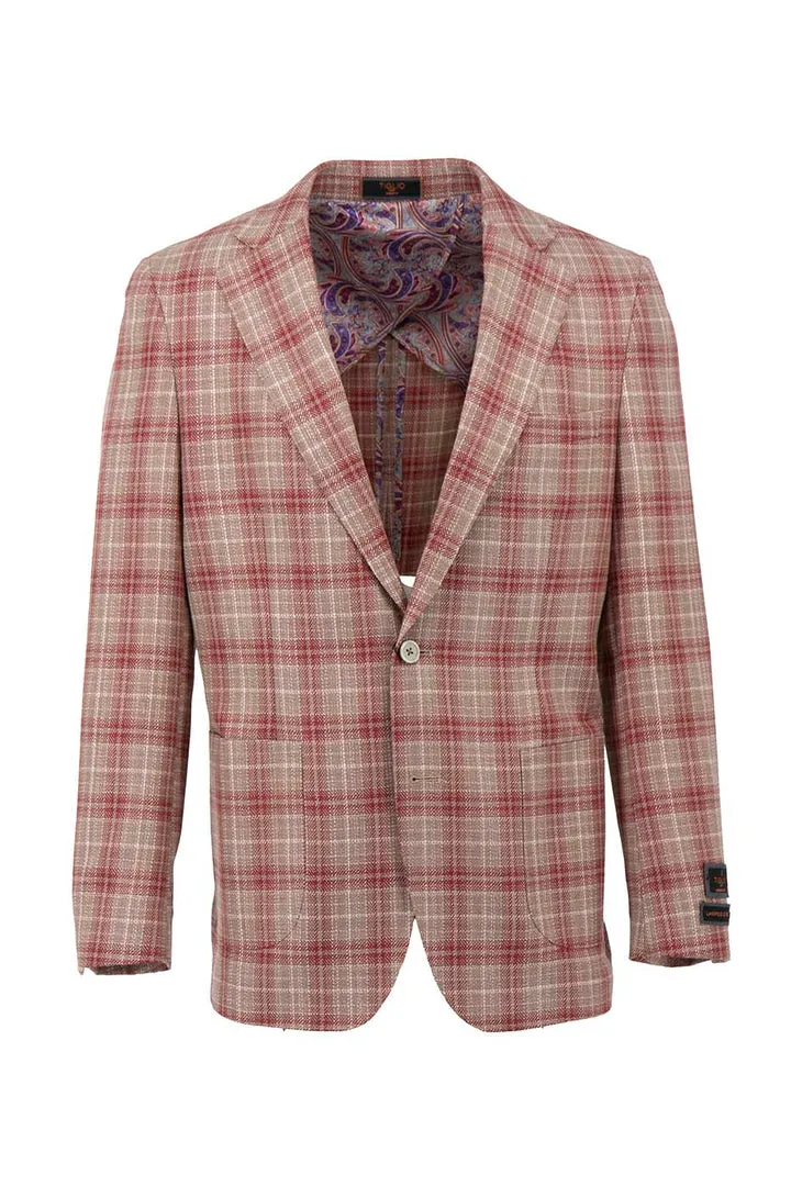 Stylish Layer Tiglio Luxe Red and Tan Windowpane Dolcetto/THP Modern Fit half lined, Pure Wool Jacket TL4257