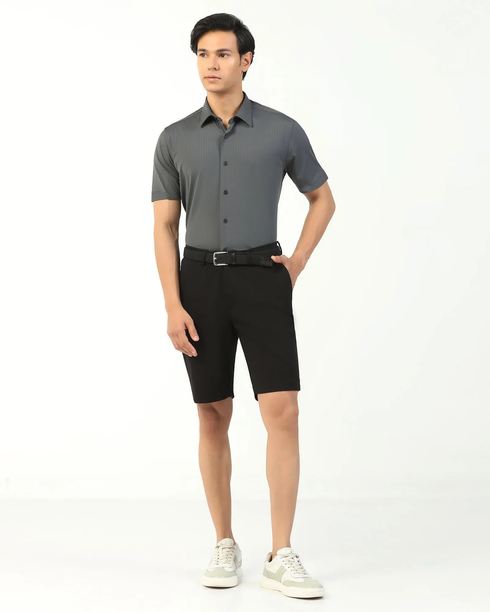 night out outfit Stretch Woven Fabric TechPro Casual Black Solid Shorts - Serry