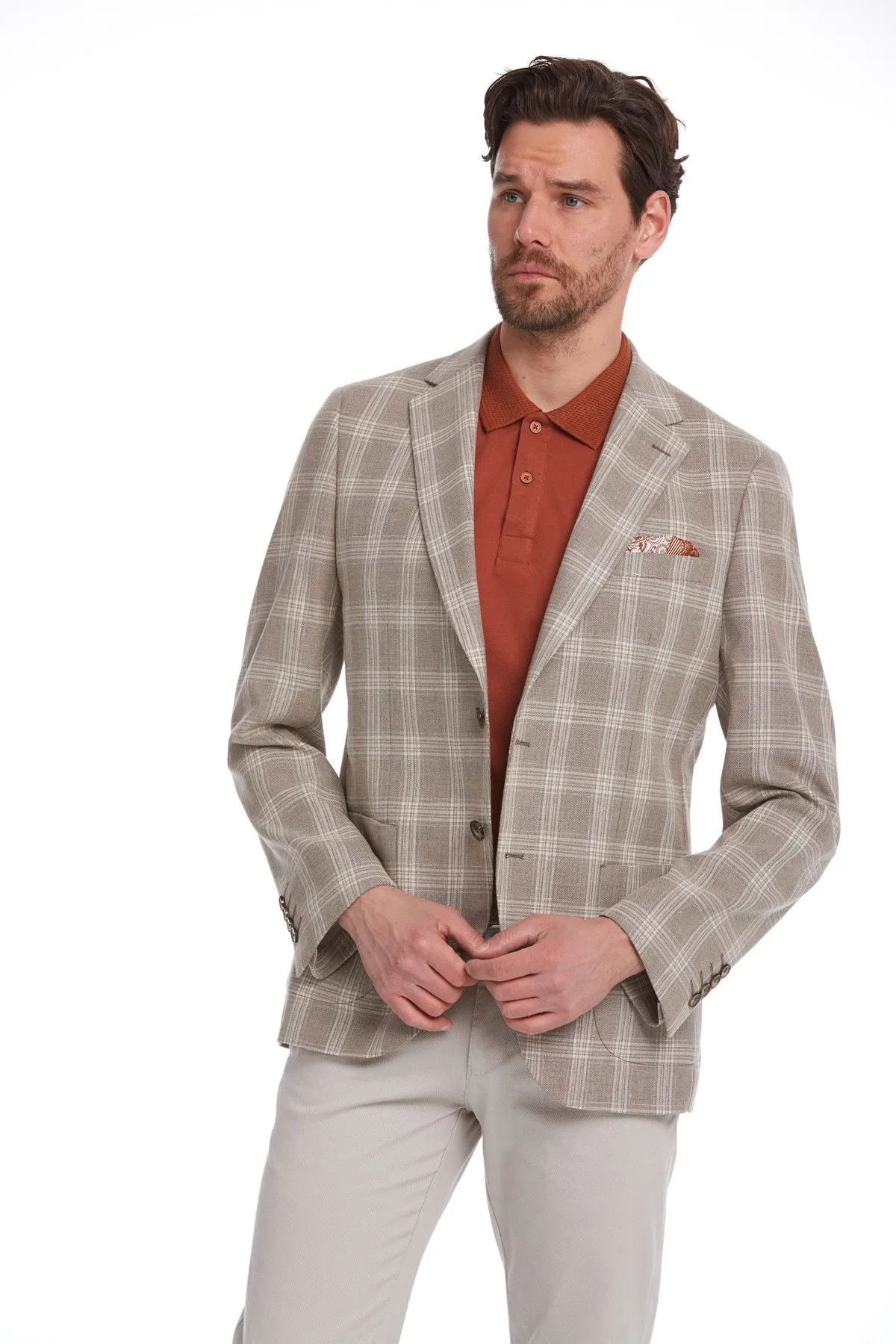 Slim Fit Plaid Wool & Linen Blend Light Brown Classic Blazer Articulated Elbows Quick Release Buckles