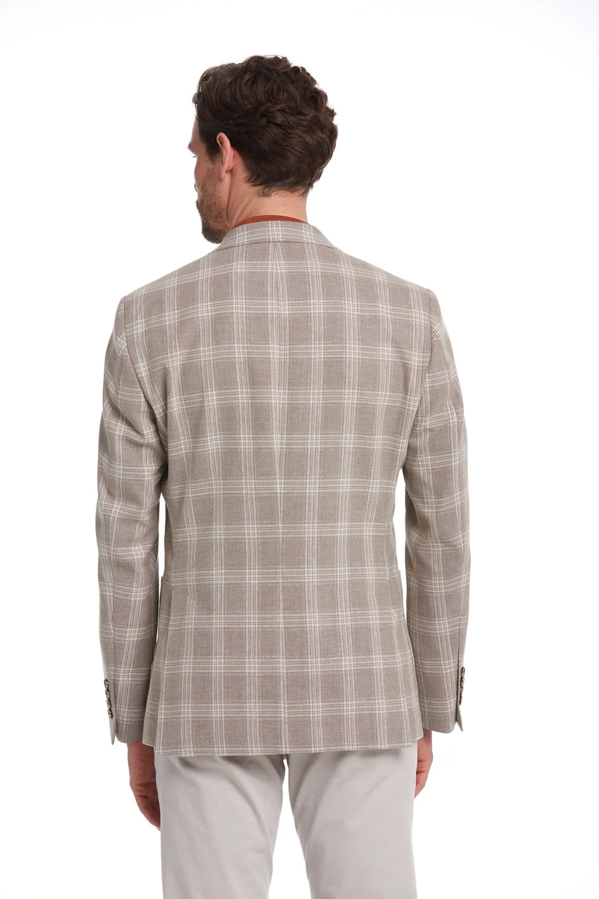 Slim Fit Plaid Wool & Linen Blend Light Brown Classic Blazer Plaid Design
