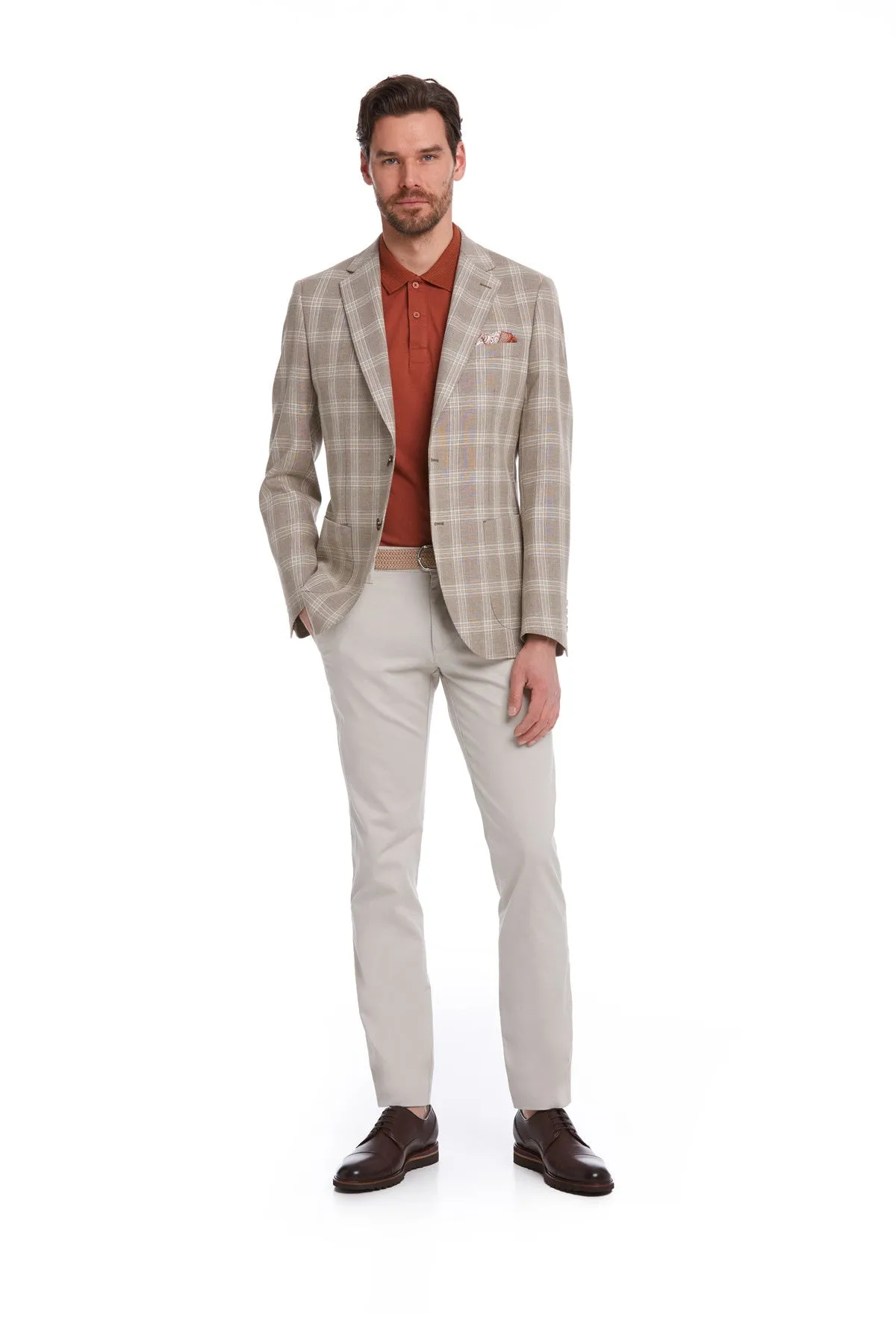 Slim Fit Plaid Wool & Linen Blend Light Brown Classic Blazer Go Anywhere Wear Evening Chill Piece