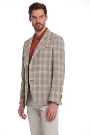 Noise Reduced Fabrics Holiday Trip Slim Fit Plaid Wool & Linen Blend Light Brown Classic Blazer